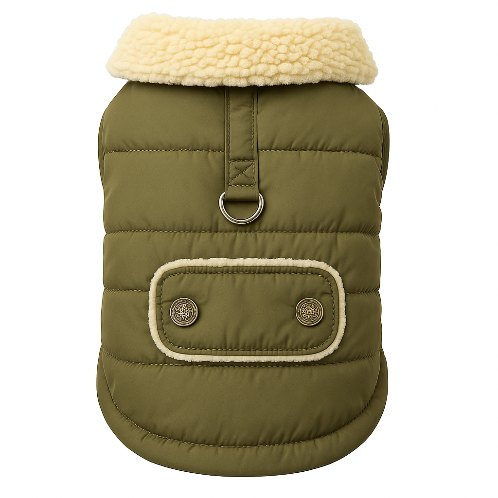 Cappotto per Cani Invernale Verde Oliva con Fodera in Sherpa – Caldo, Impermeabile e Regolabile
