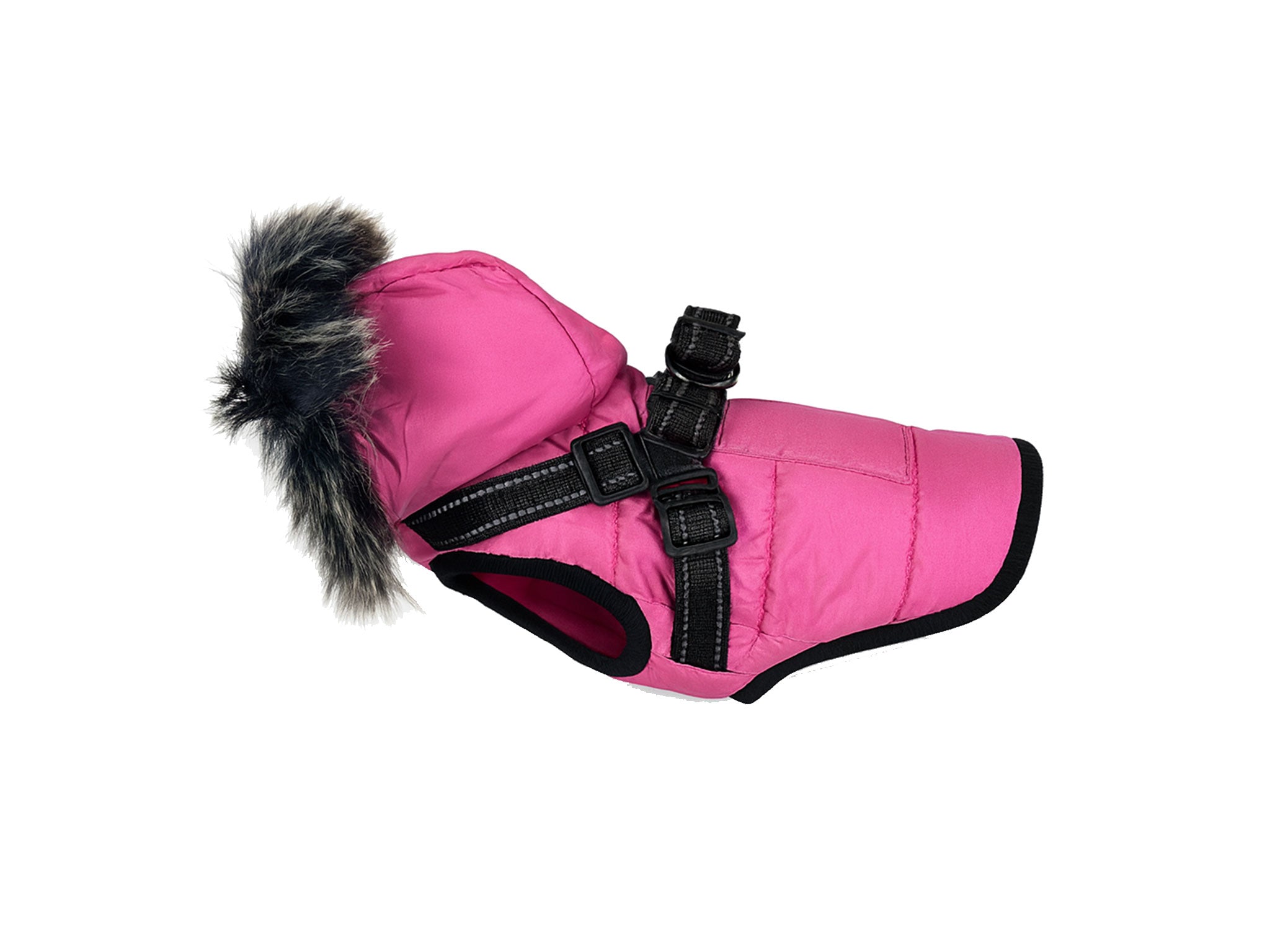 Cappotto Invernale Rosa per Cani con Cappuccio in Pelliccia e Imbracatura Integrata