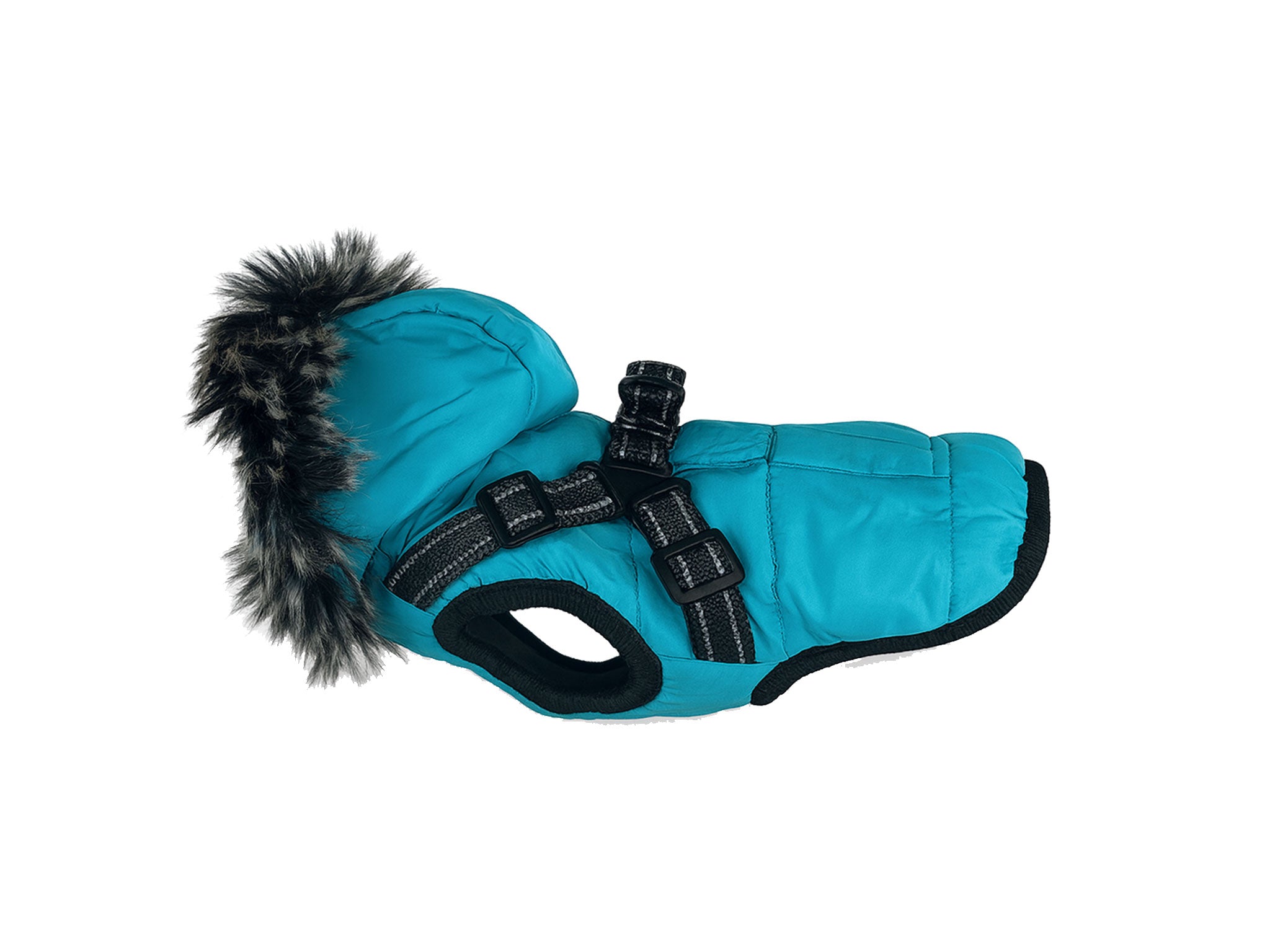 Cappotto Invernale Blu per Cani con Cappuccio in Pelliccia e Imbracatura Integrata