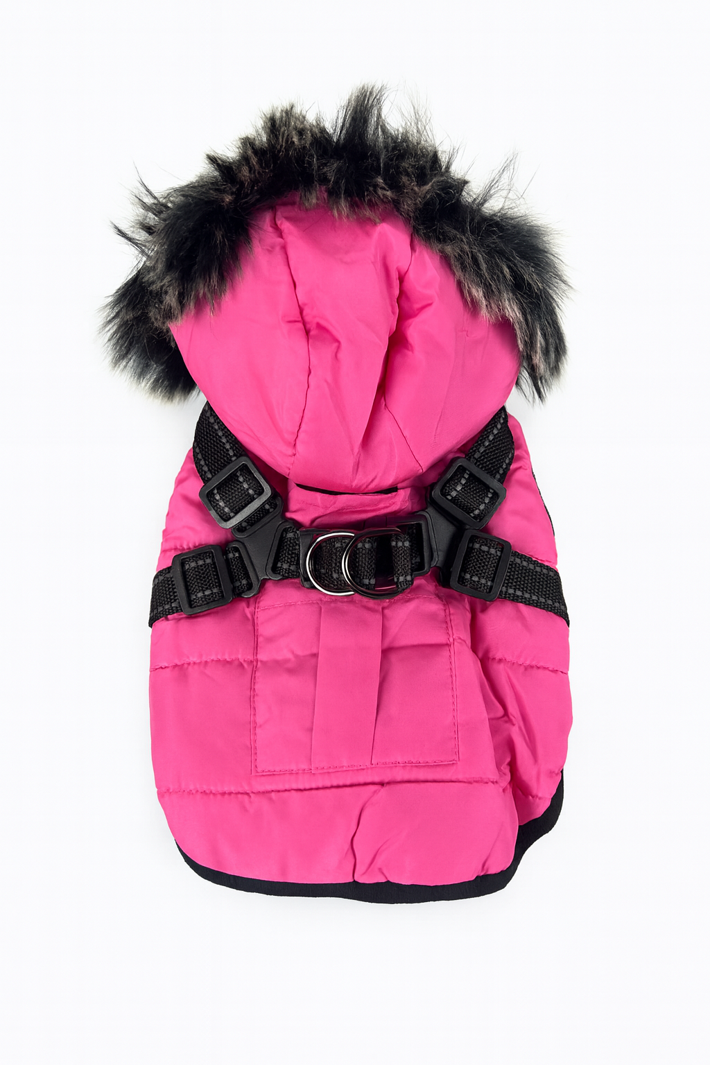 Cappotto Invernale Rosa per Cani con Cappuccio in Pelliccia e Imbracatura Integrata