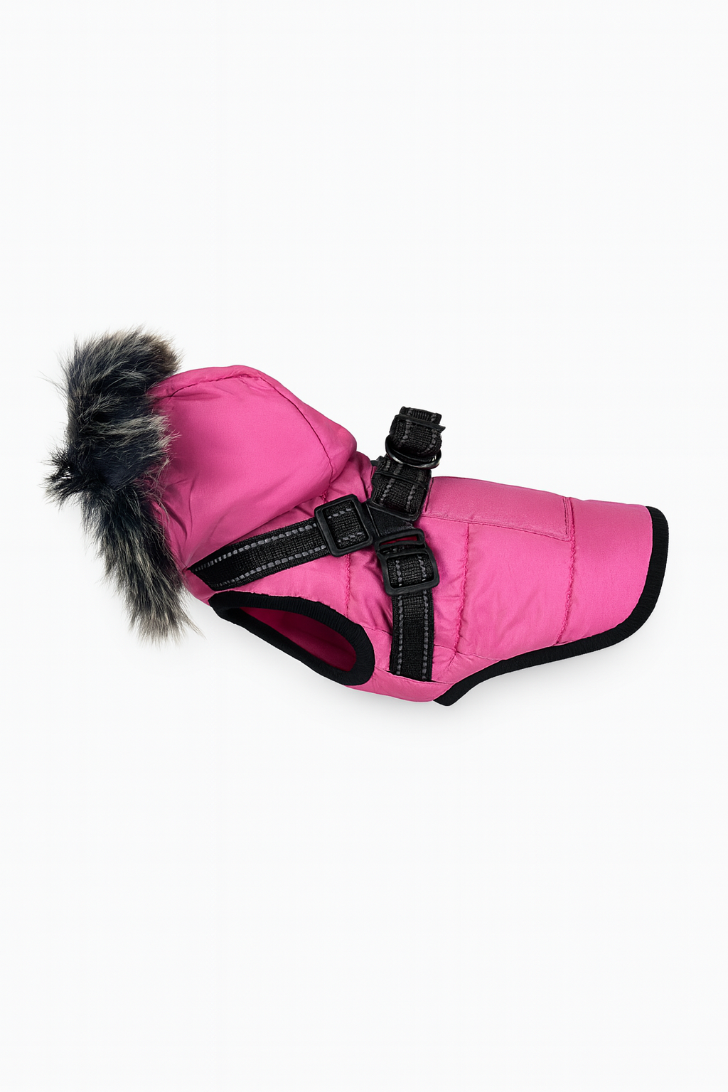 Cappotto Invernale Rosa per Cani con Cappuccio in Pelliccia e Imbracatura Integrata