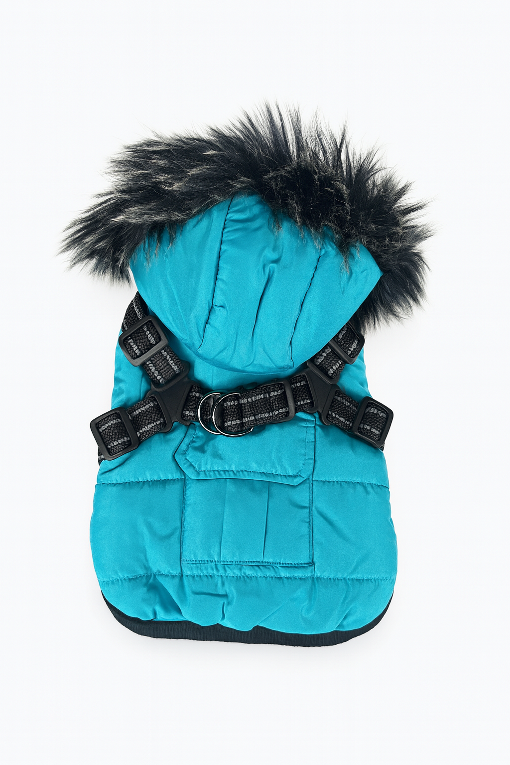 Cappotto Invernale Blu per Cani con Cappuccio in Pelliccia e Imbracatura Integrata