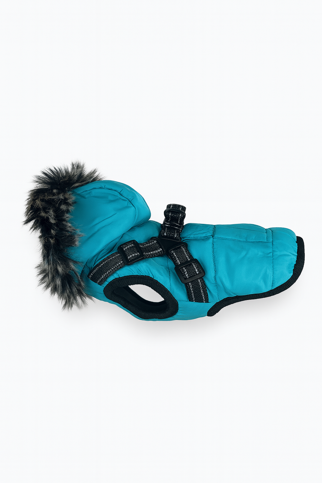 Cappotto Invernale Blu per Cani con Cappuccio in Pelliccia e Imbracatura Integrata