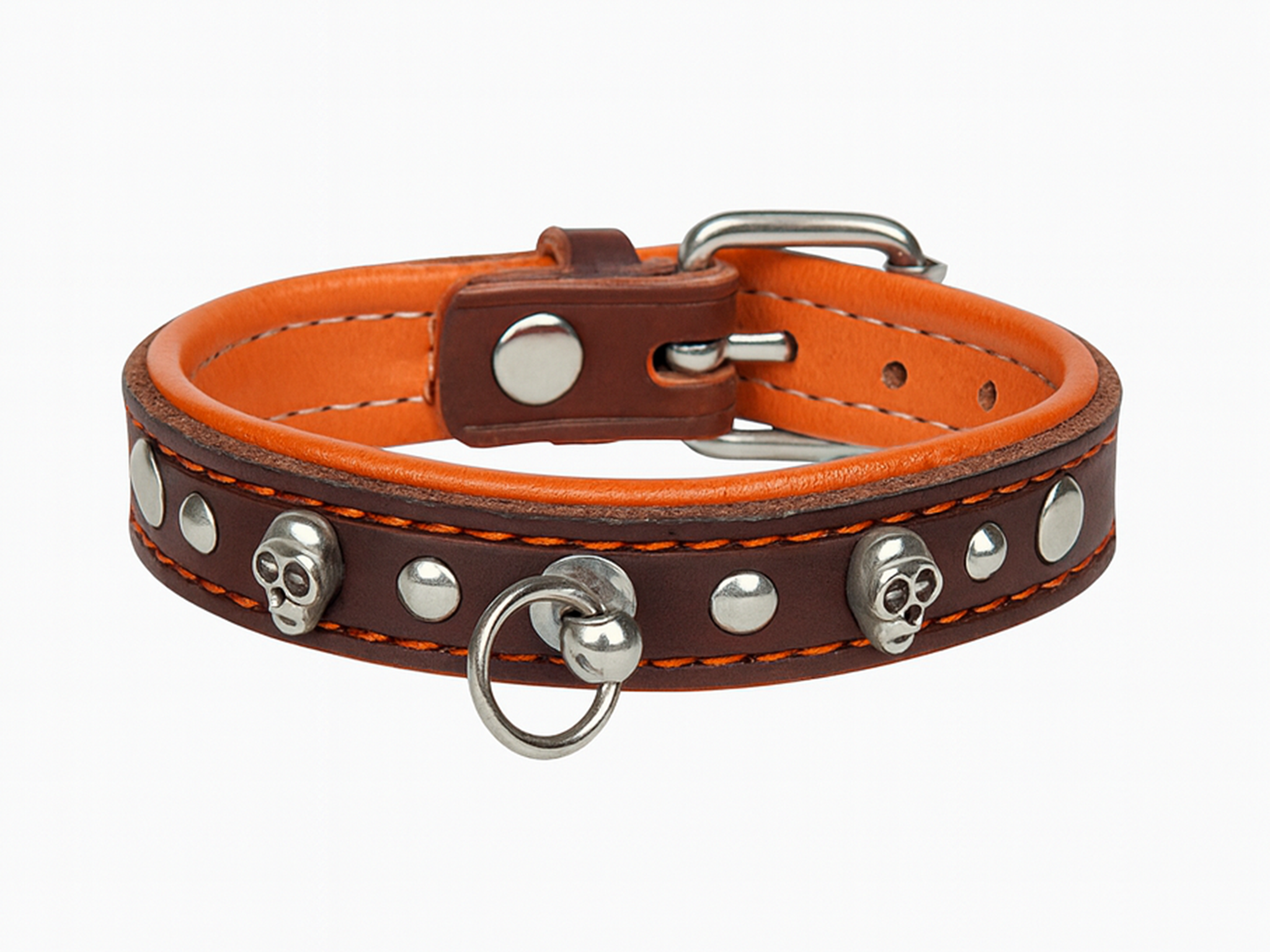 Collare in Pelle Cognac con Imbottitura Arancione e Borchie Teschio