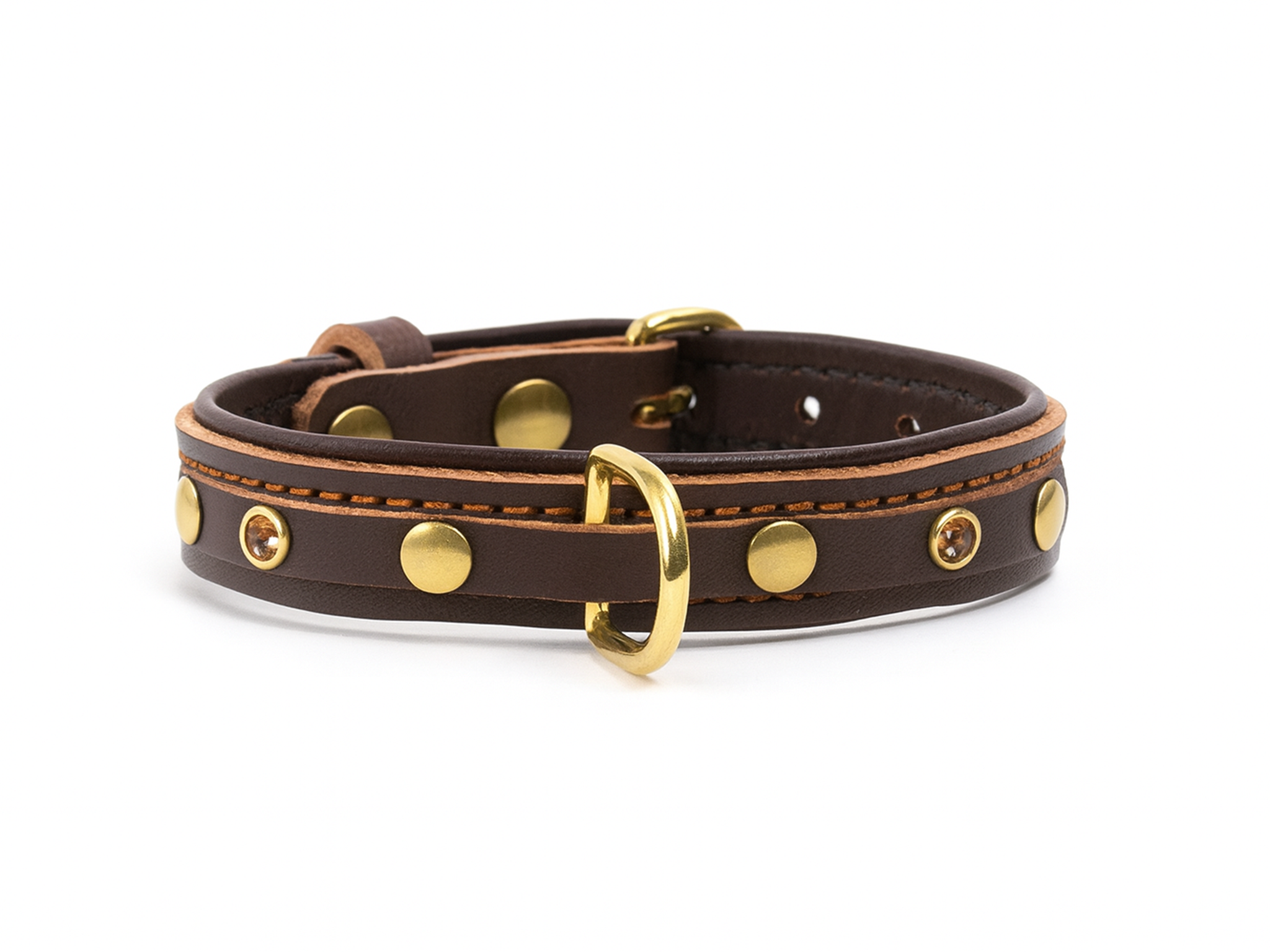 Collare per Cani in Pelle Marrone con Borchie Dorate e Brillantini