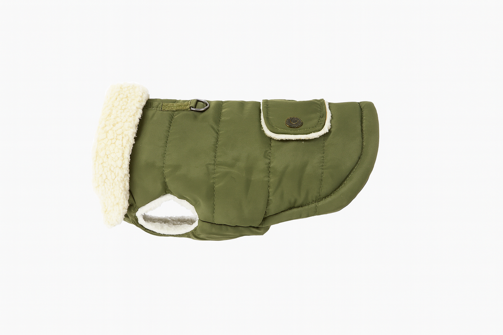 Cappotto per Cani Invernale Verde Oliva con Fodera in Sherpa – Caldo, Impermeabile e Regolabile